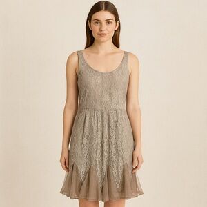 Mystree Lace Tank Dress Beige Size Lg Boho Cottagecore Feminine Chic Flounce Hem